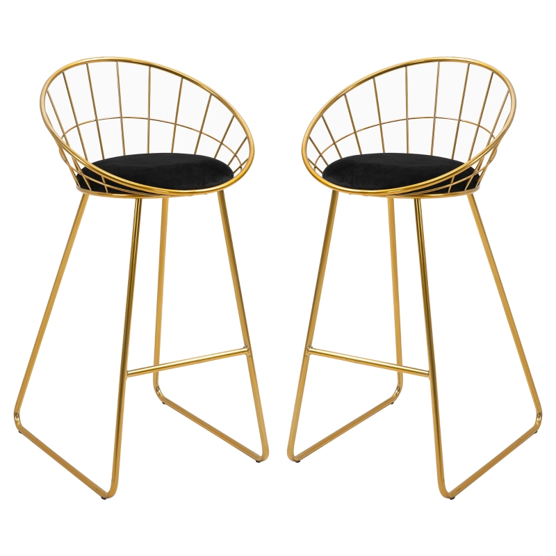 HOMCOM 2 pcs. Bar Stool Kitchen Stool with Backrest Plastic Pins for Kitchen Dining Metal Velvet Touch Polyester Fabric Foam Gold+Black 52.5 x 47 x 97 cm