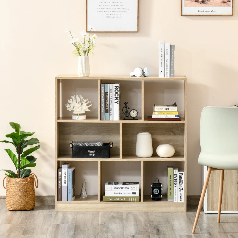 HOMCOM Storage Shelf 3-Tier Bookcase Display Rack Home Organizer for Home Office, Living Room, Playroom, Oak