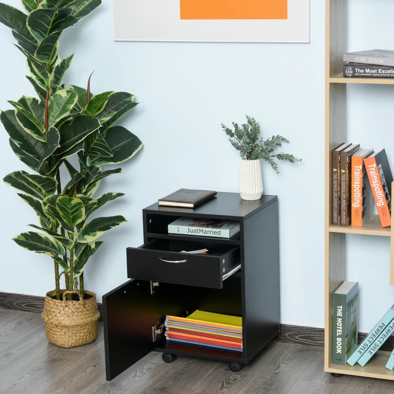 HOMCOM 60cm Filing Cabinet with Drawer, Open Shelf, Metal Handles and 4 Wheels, Office Home Organiser Mobile Printer, Black