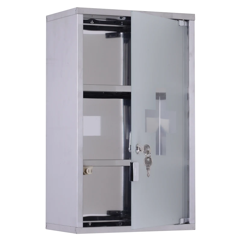 HOMCOM 3 Tier Stainless Steel Wall Mounted Medicine Cabinet Glass Lockable Door Storage Shelves Houseware Bathroom Furniture w/2 Keys