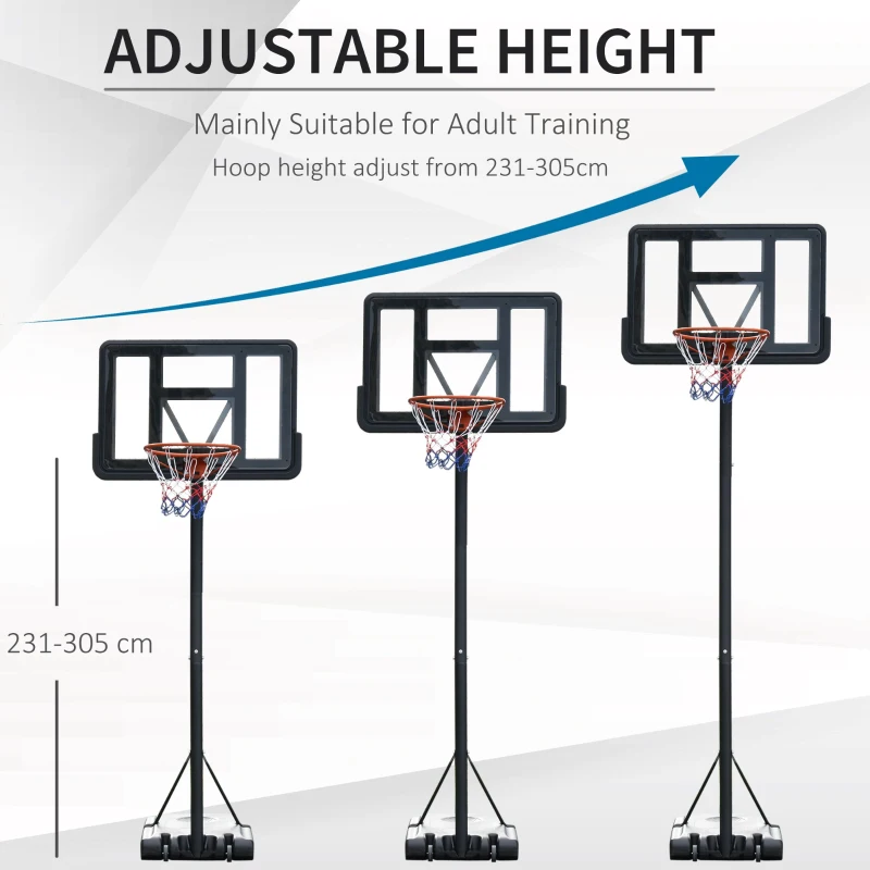 HOMCOM Portable Freestanding Basketball Hoop Stand Transparent Backboard 231-305cm Adjustable Basketball Hoop with Two Moving Wheels For Adult Outdoor & Indoor Use