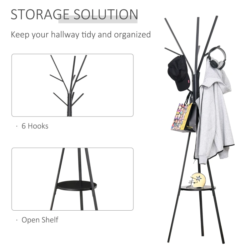 HOMCOM 180cm Free Standing Metal Coat Rack Stand 9 Hooks Clothes Tree with 1 Shelf Hat Display Hall Tree Hanger Bag Umbrella Hanging Organiser for Hallway Bedroom Waiting Room Living Room (Black)