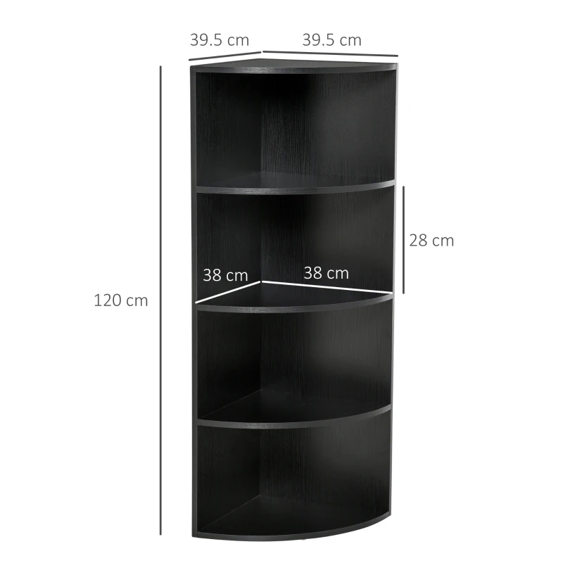 HOMCOM 4 Tier Wood Corner Shelf  Unit Freestanding Fan Bookshelf Plants Stand Black