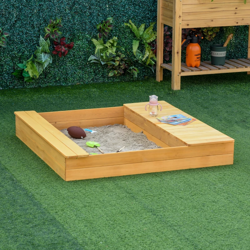 Outsunny Kid Wooden Sand Pit Children Outdoor Square Sandbox with 2 Side Buckets Bench Seat for Garden Backyard 123 x 121 x 17.5cm
