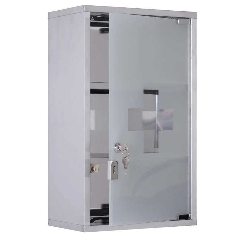HOMCOM 3 Tier Stainless Steel Wall Mounted Medicine Cabinet Glass Lockable Door Storage Shelves Houseware Bathroom Furniture w/2 Keys