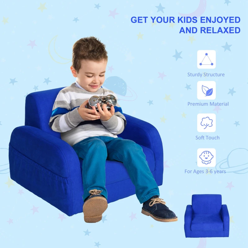 HOMCOM 2 In 1 Kids Children Sofa Chair Bed Folding Couch Soft Flannel Foam Toddler Furniture for Playroom Bedroom Living Room Blue