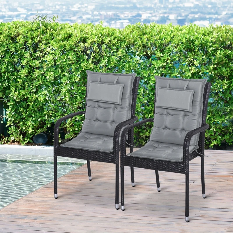 Outsunny Set of 2 High Back Chair Cushion Seat Pad Garden Patio Chair with Pillow for Indoor and Outdoor Use Dark Grey