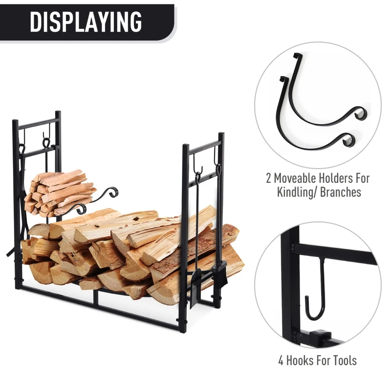 Outsunny Firewood Stand Log Rack Holder 84cm with 4-PC Fireplace Tools Set, Indoor Outdoor, Metal, Black