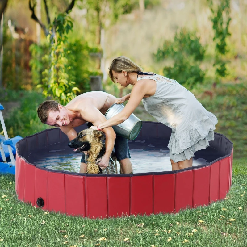 PawHut Foldable Dog Paddling Pool Pet Cat Swimming Pool Indoor/Outdoor Collapsible Summer Bathing Tub Shower Tub Puppy Washer (Φ160 × 30H cm, Red)