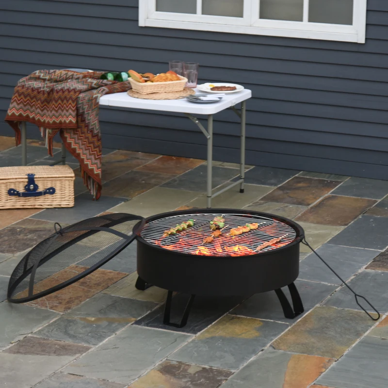 Outsunny 2-in-1 Outdoor Fire Pit with Cooking Grate Steel BBQ Grill Firepit Bowl with Spark Screen Cover, Fire Poker for Backyard Bonfire Patio