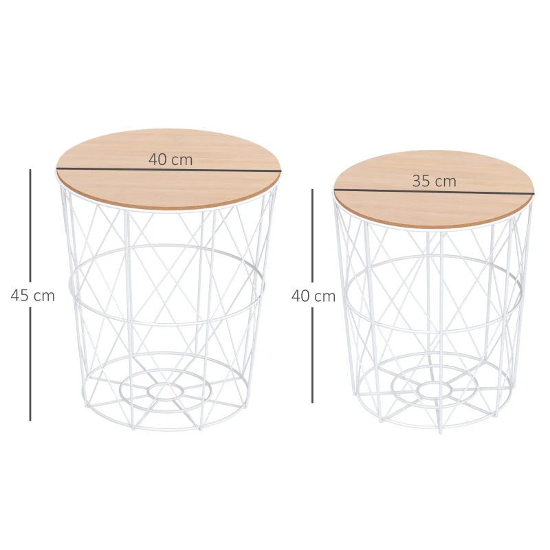 HOMCOM Set of 2 Metal Wire Side Coffee Table Sofa End Round Lift Top Storage Basket
