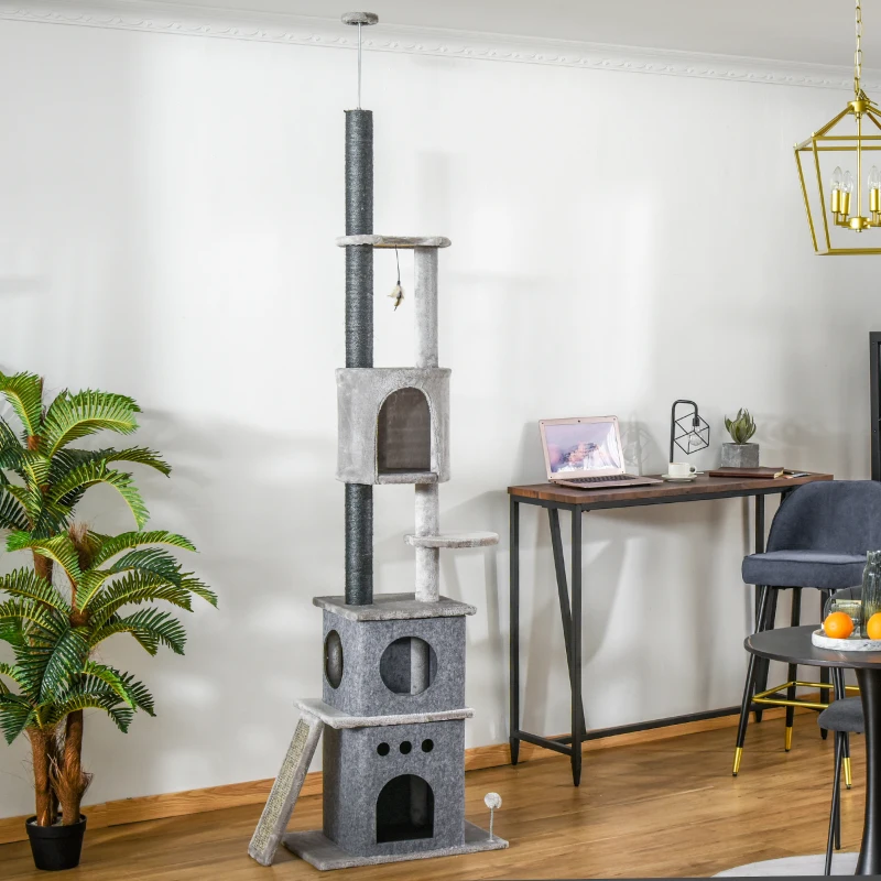 PawHut 255cm Floor To Ceiling Cat Tree for Indoor Cats Climber Scratching Post Adjustable Height Play Tower Removable Cover Grey