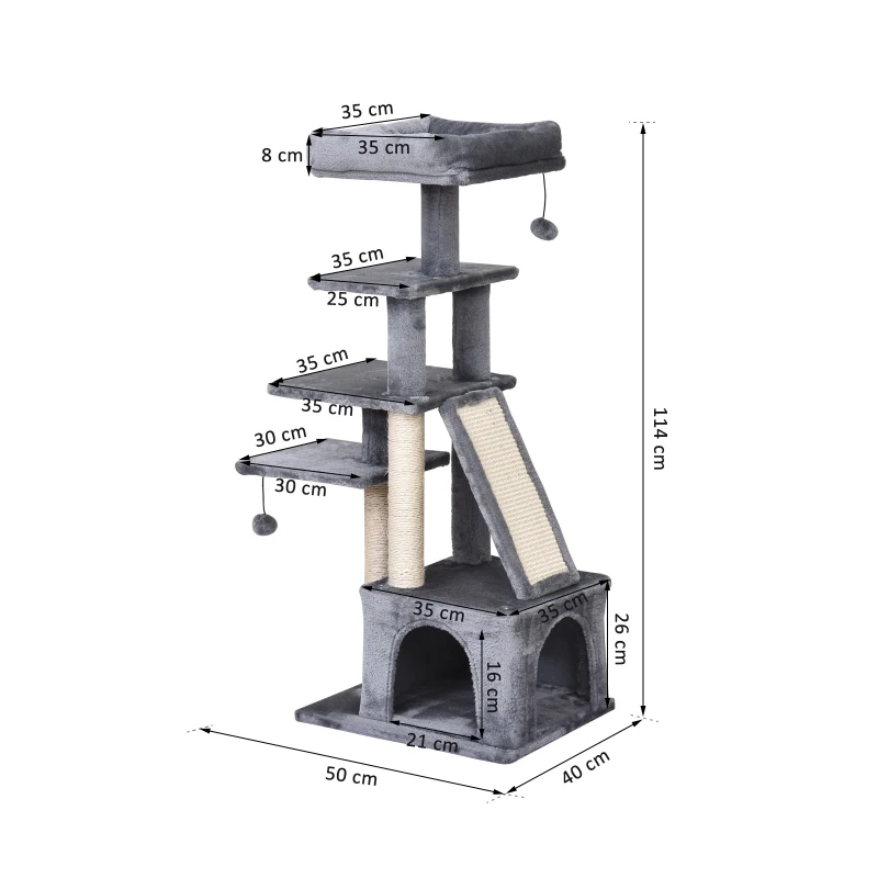 PawHut 110cm Mult-level Cat Tree Scratcher Kittiy Condo Activity Center with Perches,3 Jumping Platforms,Ladder, Hanging Toy