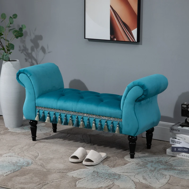 HOMCOM Bed End Bench, Vintage Bench Seat with Armrest and Button Tufted, Velvet Upholstered Footstool for Bedroom, Blue