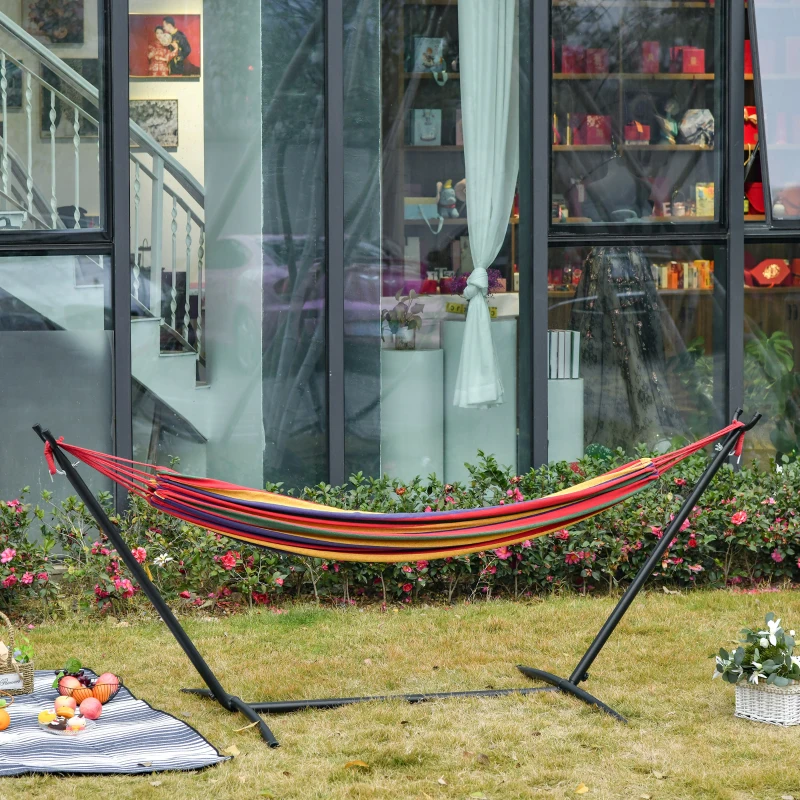 Outsunny Fabric Hammock Bed with Stand, Free Standing Adjusytable Lounge Chair Includes Portable Carrying Case for Outdoor or Indoor