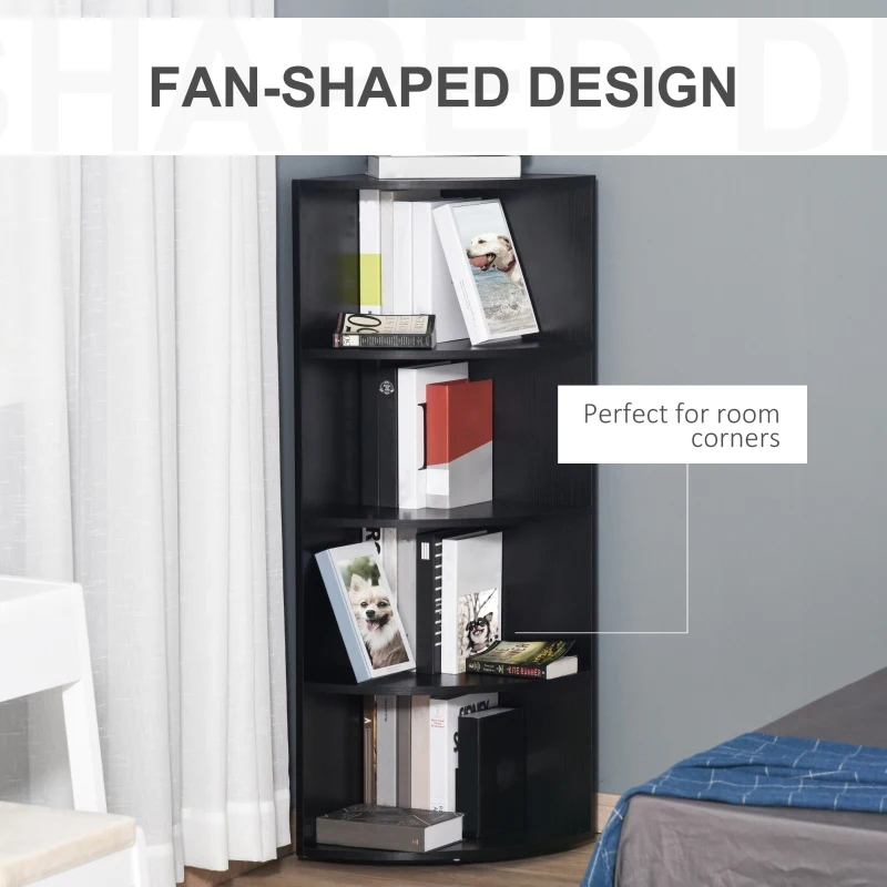 HOMCOM 4 Tier Wood Corner Shelf  Unit Freestanding Fan Bookshelf Plants Stand Black