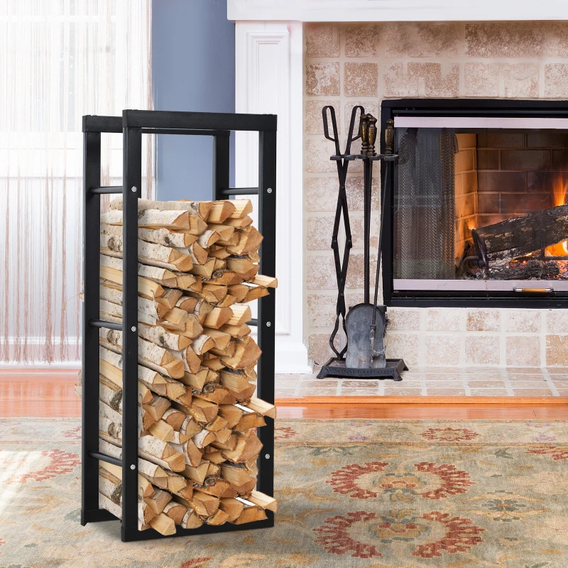 HOMCOM Metal Firewood Log Holder Tall Firewood Rack Indoor Outdoor Fireplace Wood Storage Shelf with Side Rails, Rust-Resistant, Black, 40W x 25D x 100H cm
