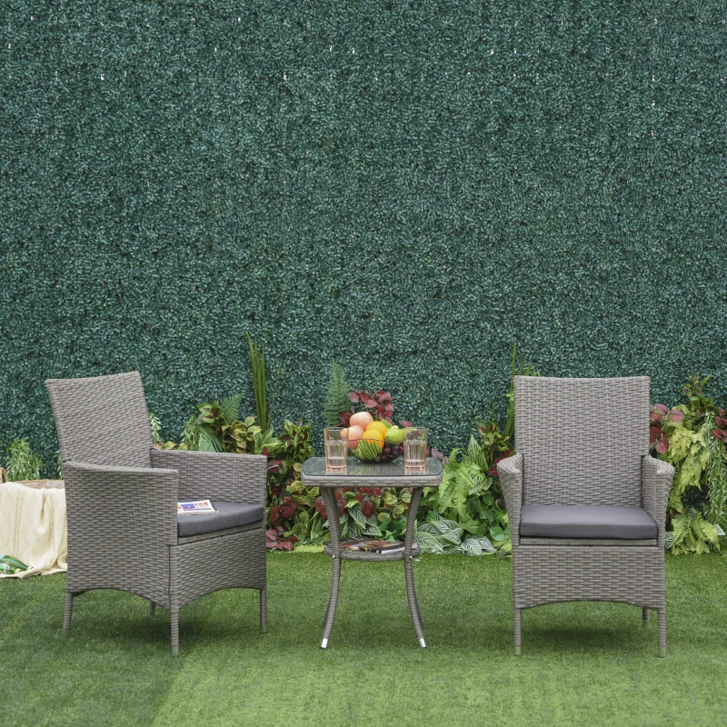 Outsunny 3PC Rattan Bistro Set 2 Armchair Glass Top Coffee Table Wicker Weave Furniture for Garden Outdoor Balcony Patio