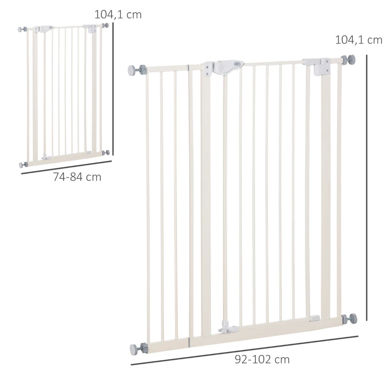 PawHut Pet Safety Gate Pressure Fitted Tall Stair Barrier for Dog Expandable Fence with Auto-Close Double Locking System Extension 74 to 84 cm 92 to 102cm White