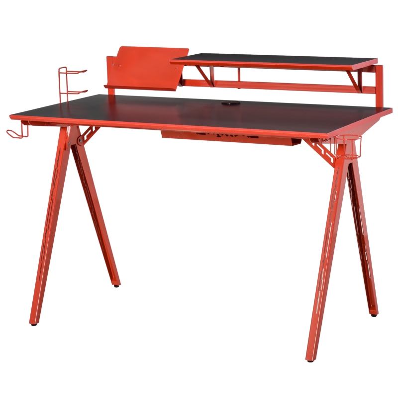 HOMCOM Gaming Desk Computer Table Gamer Workstation with Monitor Shelf, Gamepad Rack, Cup Holder, Headphone Hook, Cable Basket, Black Red