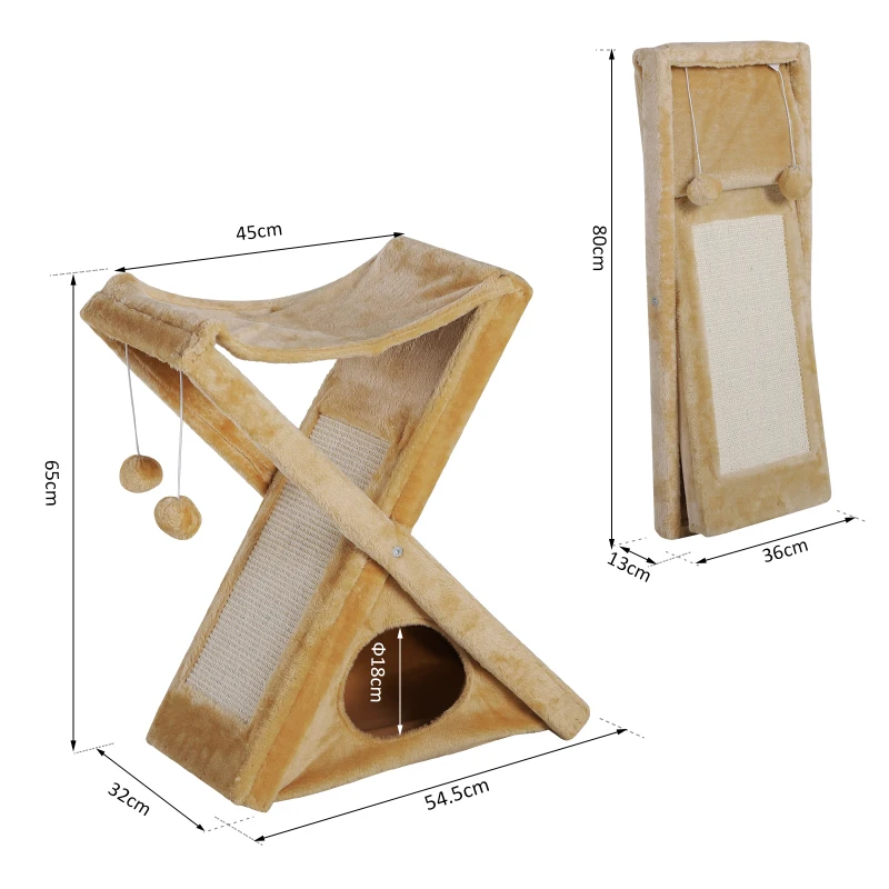 PawHut Two Tier Cat Tree Play Rest Activity Tower Plush Folding Relax Center w/ Scratching Post Hammock Pom Poms Yellow