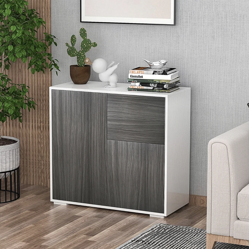 HOMCOM High Gloss Frame Sideboard, Side Cabinet, Push-Open Design with 2 Drawer for Living Room, Bedroom, Grey