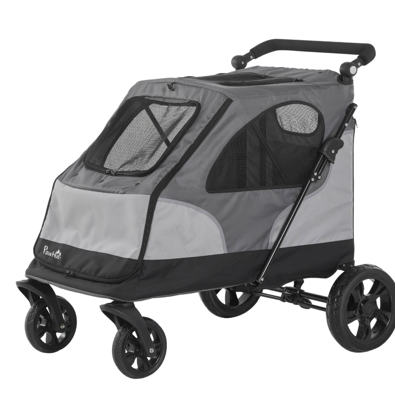 PawHut Pet Stroller Foldable Dog Cat Travel Carriage with Adjustable Handlebar Rear Door EVA Wheel Brake Storage Bag Mesh Window Safety Leash Grey