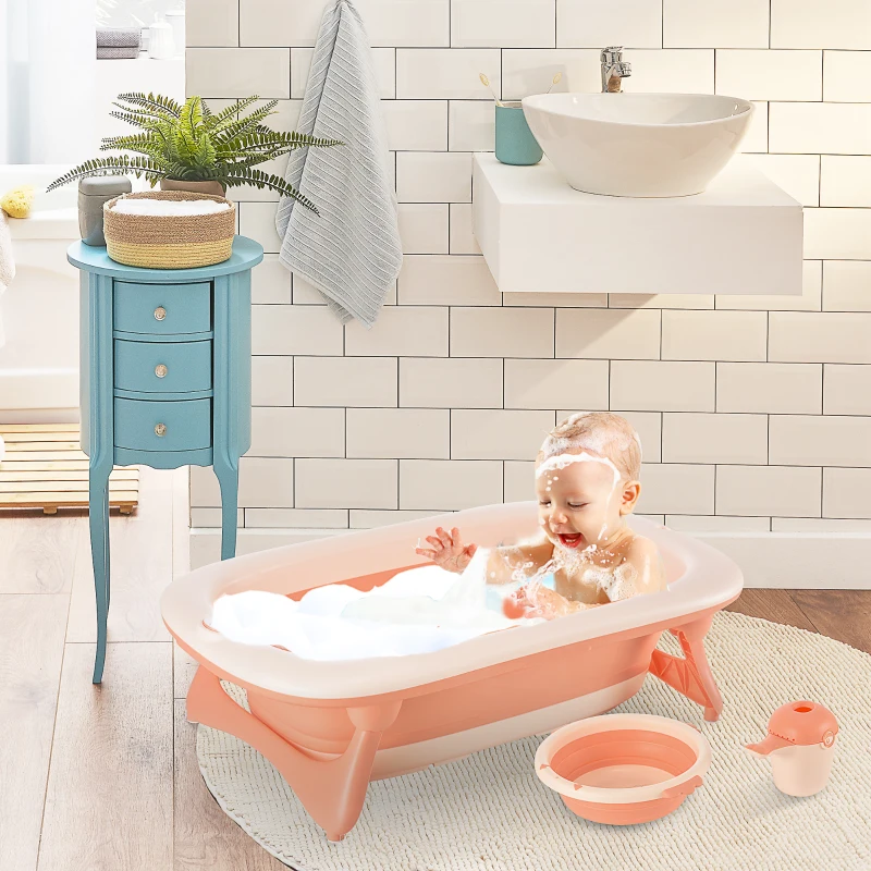 HOMCOM 3 in 1 Collapsible Baby Bath Tub Set Folding Kids Tub Wash Basin Shampoo Cup Non-Slip Support Leg for 0-3 Years, Pink