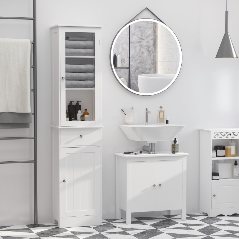 Kleankin Bathroom Storage Cabinet With 3 Tier Shelf Drawer Glass Door Floor Free Standing Tall Slim Side Organizer Shelves White Restroom Tower Pantry Multi Shelving Multiple Aosom Ireland Kleankin Bathroom Storage Cabinet With, Tall Slim Mirrored Cabinet