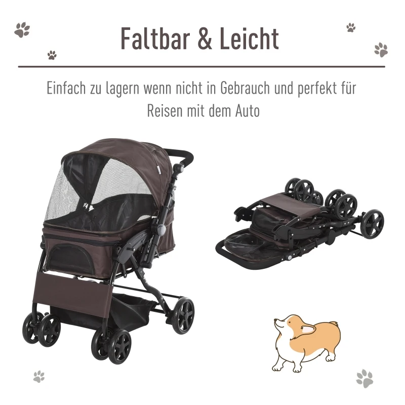 PawHut Pet Stroller Foldable Design for Dogs Cats Travel Carrier Bag 4-Wheel Carring Case with Storage Basket Zipper Universal Wheel Brown Black