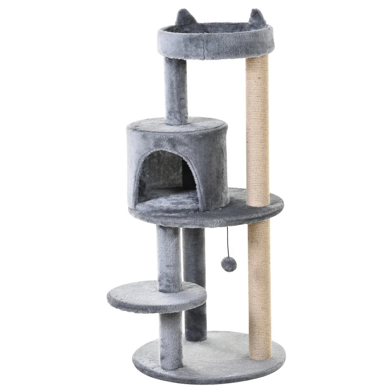 PawHut 104 cm Cat Tree, Cat Condo Tree Tower, Cat Activity Centre with Scratching Posts, Plush Perch, Hanging Ball - Grey