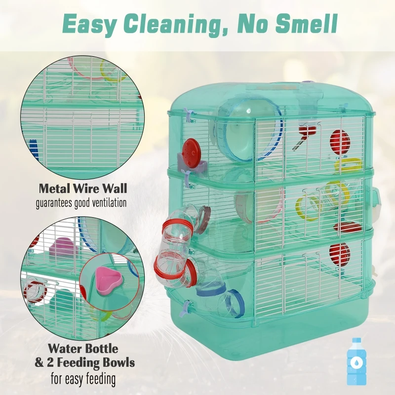 PawHut 3 Storey Hamster Cage Small Pet Animal Cage w/ Exercise Wheel Food Water Bowl Multi Activity Exercise Centre Green