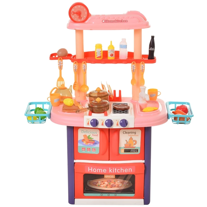 HOMCOM 51 Pcs Kids Children Kitchen Play Set w/ Oven Accessoires Sounds Lights Water Tap Food Utensils Appliances Toy Game for 3 Yrs+