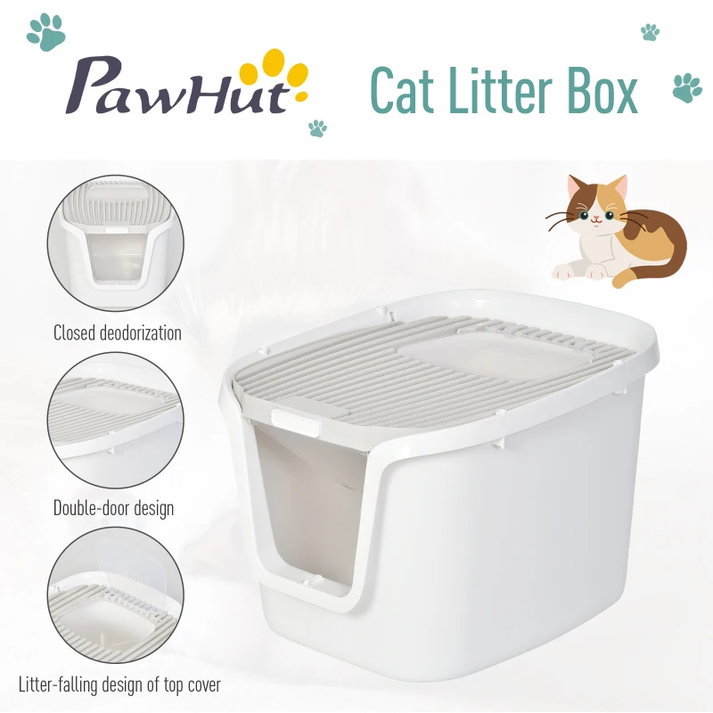 PawHut Cat Litter Box Cat House with Litter Scoop Two Door Design Cat furniture with Lifted Cover Large Space White
