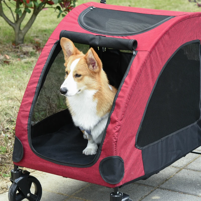 PawHut Dog Stroller 4 Wheels Pet Trolley Carrier Mesh Windows for Medium Large Dogs Traveling Red