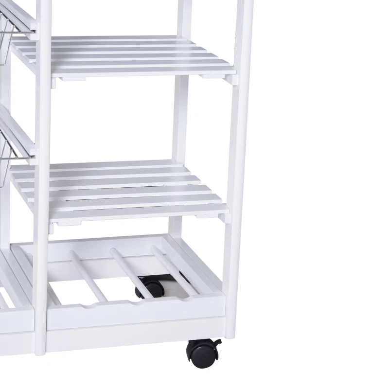 HOMCOM Rolling Kitchen Island Trolley Cart Drawer Shelves Basket Wheels W/  6 Bottle Wine Rack White