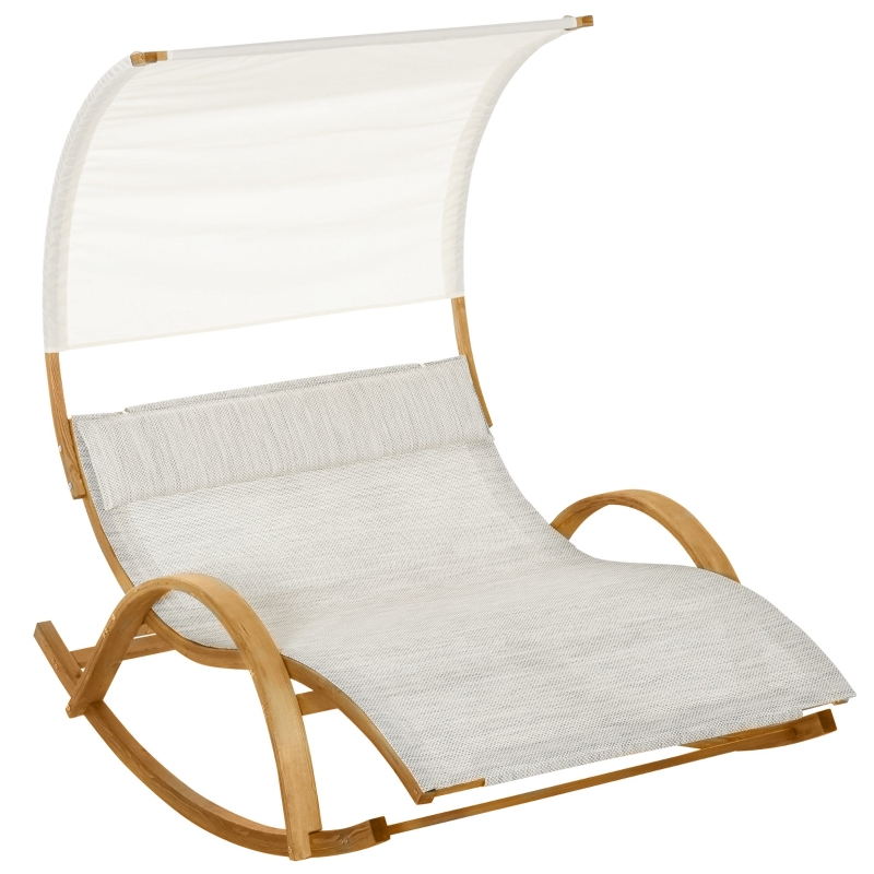 Outsunny Patio Double Chaise Rocking Wood Larch Hammock w/ Canopy Shade and Headrest Sun Lounger Indoor&Outdoor, Beige