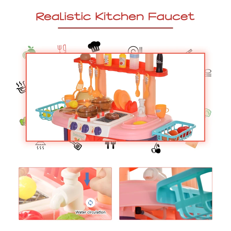 HOMCOM 51 Pcs Kids Children Kitchen Play Set w/ Oven Accessoires Sounds Lights Water Tap Food Utensils Appliances Toy Game for 3 Yrs+