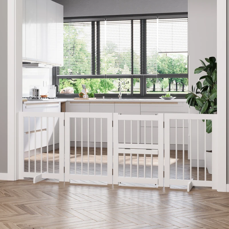 PawHut Wooden Pet Gate 4 Panel Foldable Fence with 2 Support Feet Freestanding Dog Safety Barrier for House Doorway Stairs, White