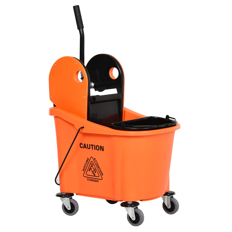 HOMCOM 36L Mop Bucket Wringer Cart w/ Down Press Wringer, Wheels, Mop-Handle Holder, Orange