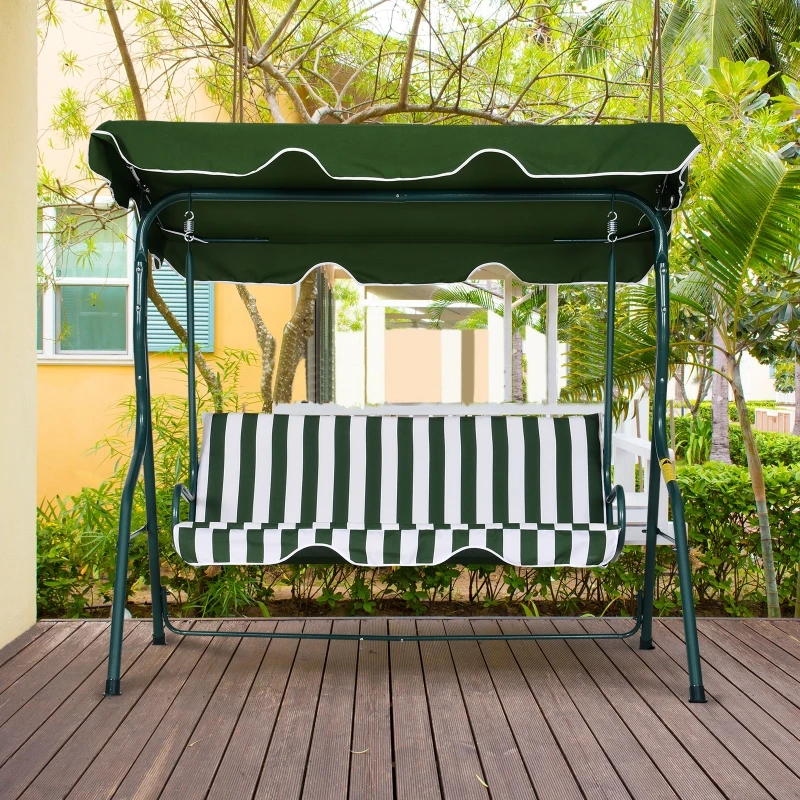 Outsunny 3 Seater Canopy Swing Chair Outdoor Garden Bench with Sun Cover Metal Frame - Green Stripes