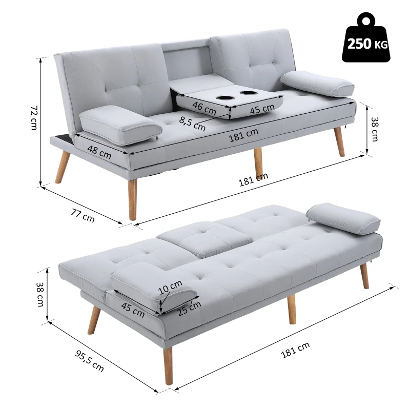 HOMCOM 3 Seater Sofa Bed Convertible Recliner Adjustable Back Thick Cushions w/ Armrest Middle Table Scandi Style Grey