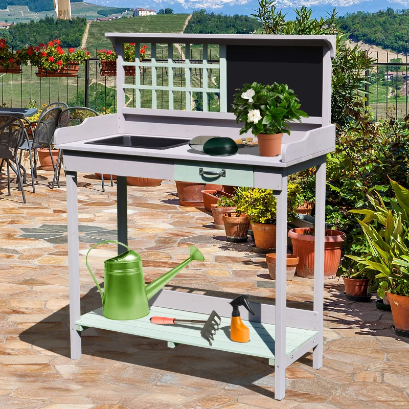 HOMCOM Garden Potting Table with Sink, Blackboard and Drawer, Wooden Planting Work Bench Workstation Outdoor Tool Storage Shelves