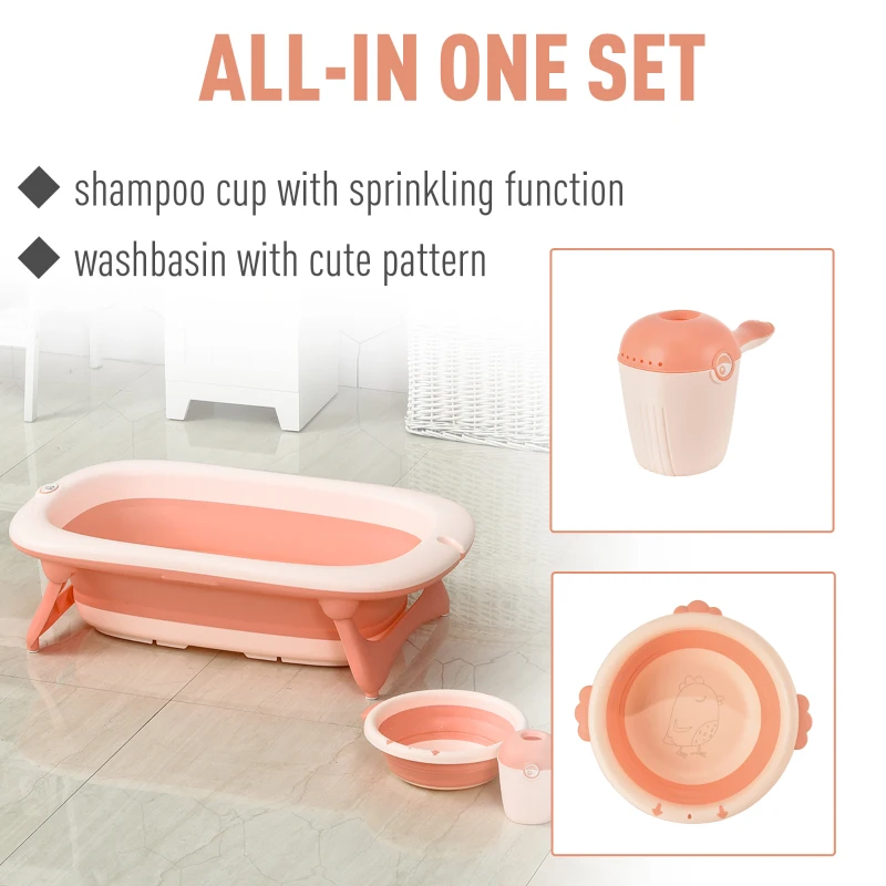 HOMCOM 3 in 1 Collapsible Baby Bath Tub Set Folding Kids Tub Wash Basin Shampoo Cup Non-Slip Support Leg for 0-3 Years, Pink