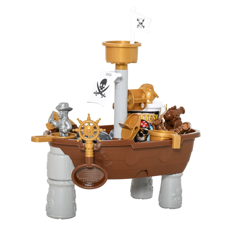 HOMCOM Pirate Ship Theme Sand and Water Table Beach Toy Set 2 in 1 Outdoor Activities Playset for Kids with Accessories 26 Pcs Garden Sandpit Sandbox for Beach Bath 3 Years Old Toddlers