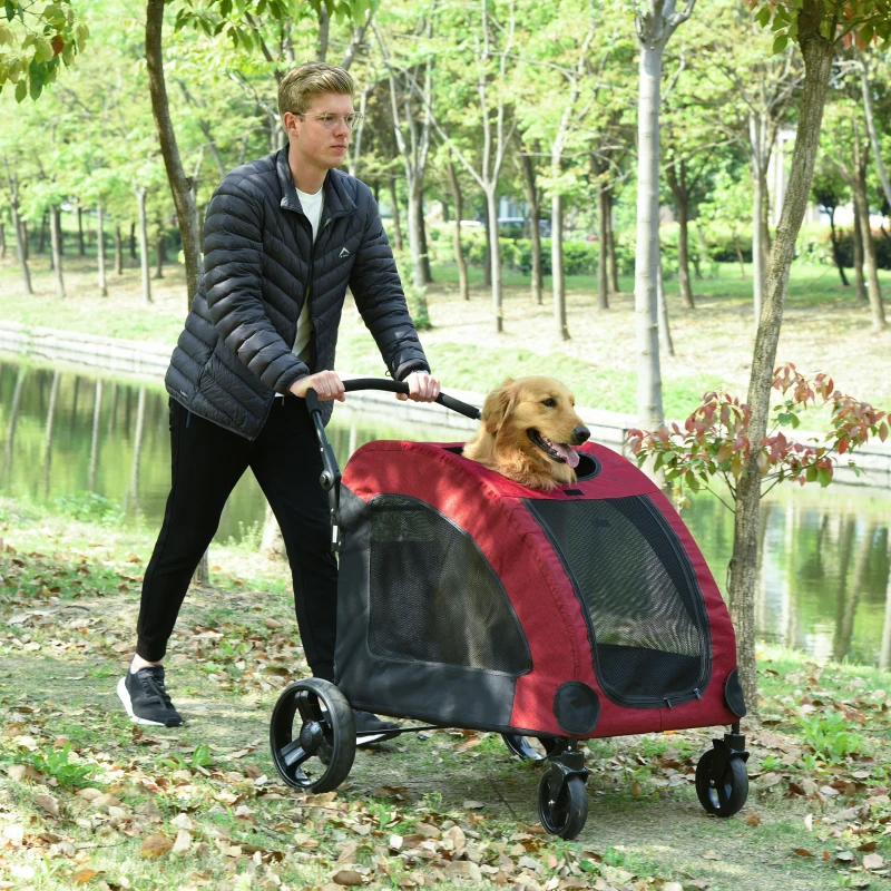 PawHut Dog Stroller 4 Wheels Pet Trolley Carrier Mesh Windows for Medium Large Dogs Traveling Red