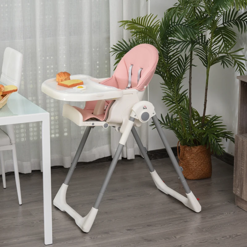 HOMCOM Foldable Baby High Chair Convertible Feeding Chair Height Adjustable with Adjustable Backrest Footrest and Removable Tray 5 Point Safety Harness for Kids 6 - 36 Months Pink