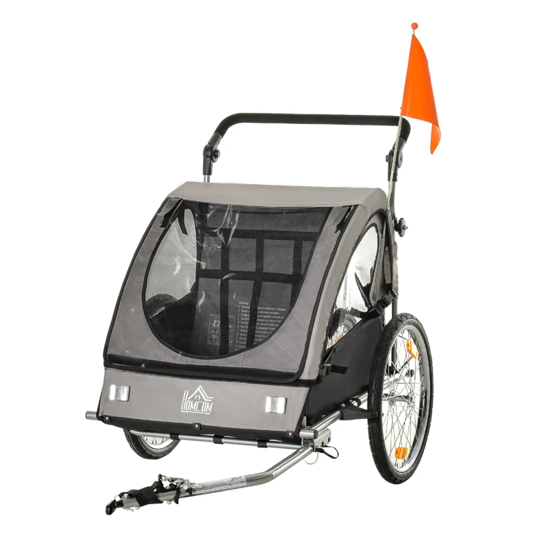 HOMCOM Child Bike Trailer 2 In1 Foldable Baby Stroller 2-Seater Transport Carrier with Adjustable Handlebar Storage Bag Reflector Flag Grey