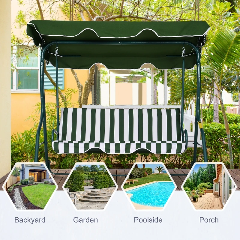 Outsunny 3 Seater Canopy Swing Chair Outdoor Garden Bench with Sun Cover Metal Frame - Green Stripes