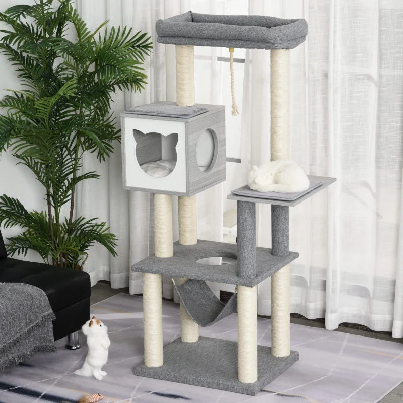 PawHut 5-Levels Plush Cat Tree Tower Activity Center with Sisal Scratching Posts Hammock Perch Condo Soft Cushions, Grey